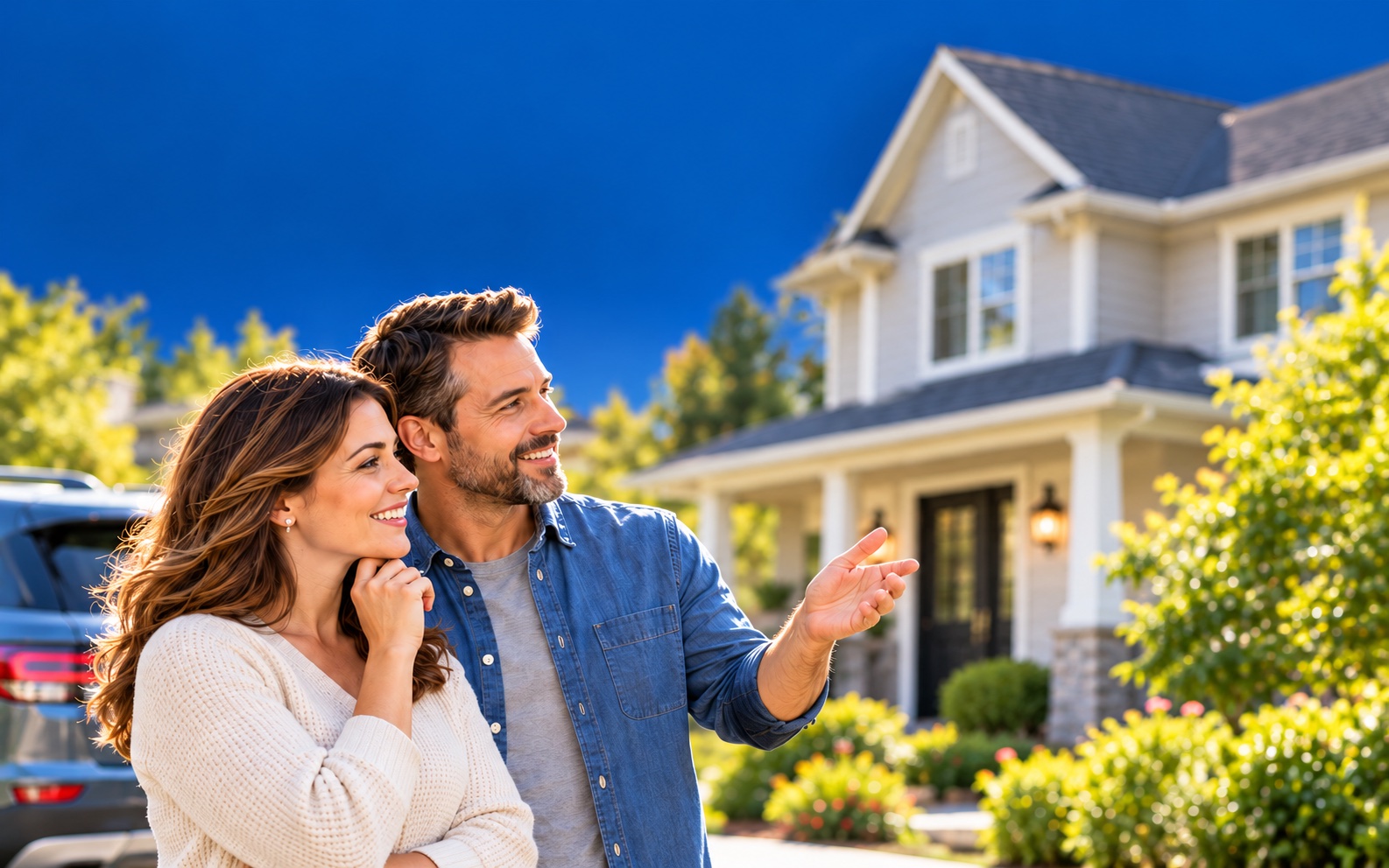 A smiling couple standing in their driveway, pointing out their home
