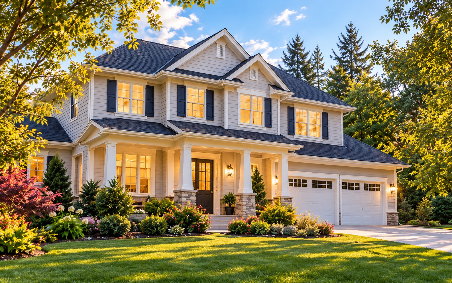 A welcoming home with warm lights on at sunset